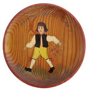 Antique Swedish Wood Wall Plate Hand Painted Marschen gar till tuna 6 3/8"